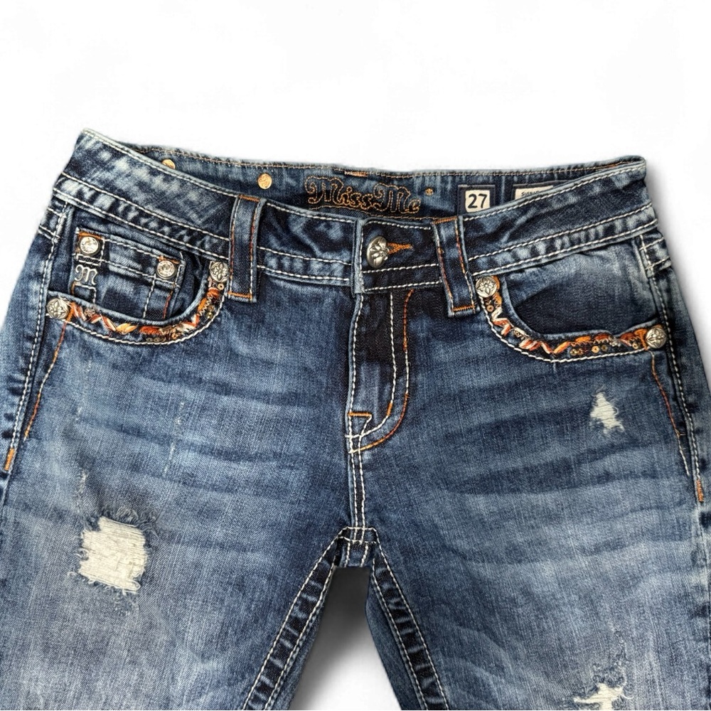 Miss Me Signature Bootcut Jeans Embellished Pockets Distressed Denim - Size: 27 - Picture 5 of 6